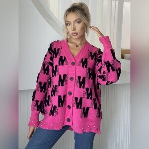 Pink and Black Women's Cardigan Sweater With Pearl Trim. One Size Fits